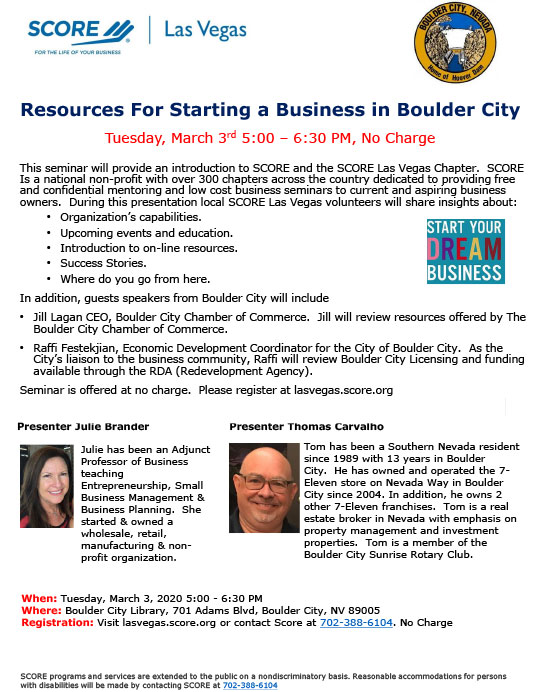 SCORE Forum Flyer March 3 Boulder City, NV