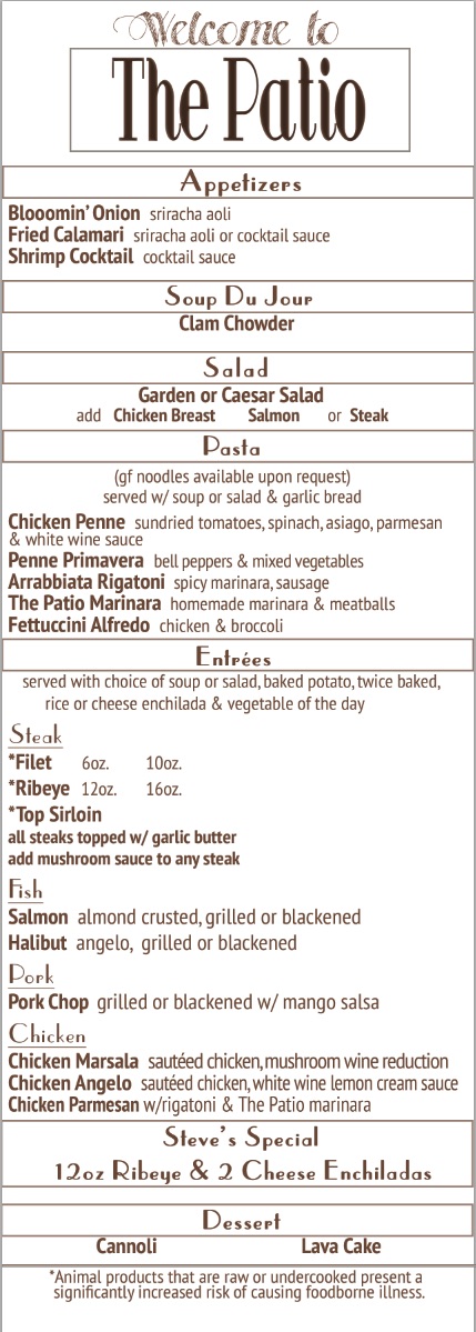 Chilly Jilly Patio Dinner Menu Boulder City, Nevada