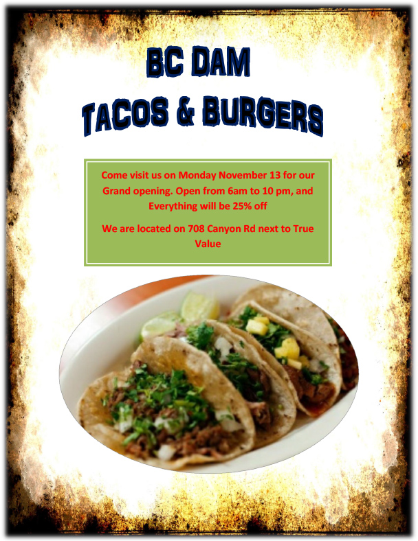 BC Dam Tacos & Burgers Flyer Boulder City, NV