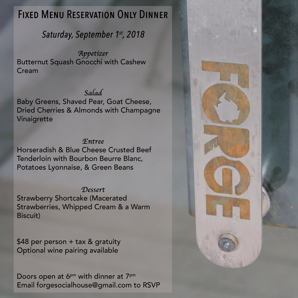Forge September Dinner Menu Boulder City, NV