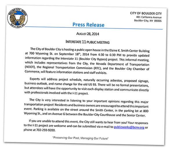 Boulder City Bypass Meeting Press Release
