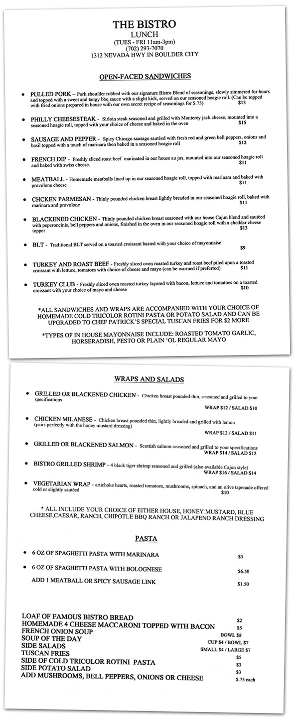 The Bistro Lunch Menu in Boulder City, Nevada