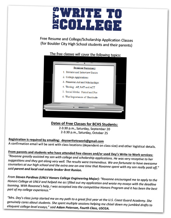 Dey's Write To College Seminar in Boulder City, Nevada