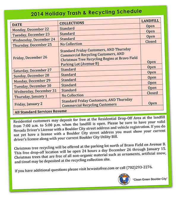 Holiday Trash Schedule 2014 in Boulder City, Nevada