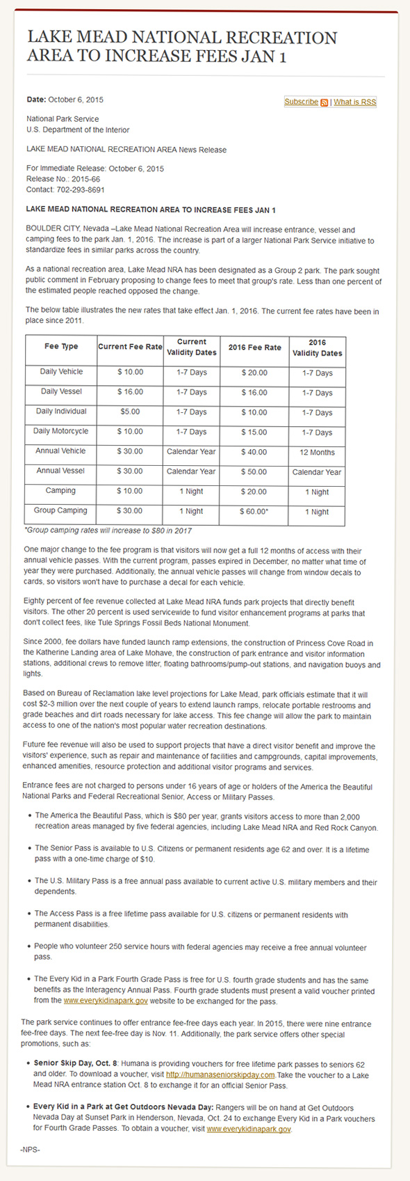 Lake Mead National Recreation Area 2016 Fee Increase