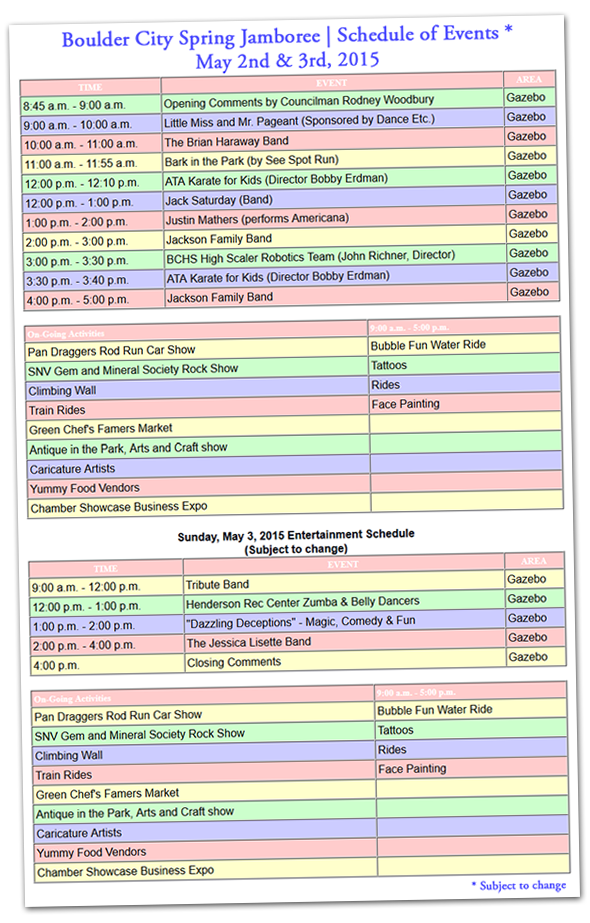 Spring Jamboree 2015 Schedule in Boulder City, Nevada