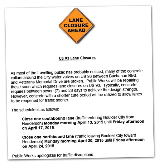 US 93 Lane Closures in Boulder City, NV