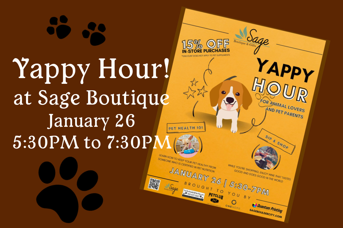 Flyer for Yappy Hour at Sage Boutique in Boulder City, Nevada