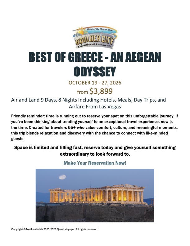 Boulder City Chamber of Commerce 2026 The Best of Greece - An Aegean Odyssey Trip Reminder Boulder City Nevada